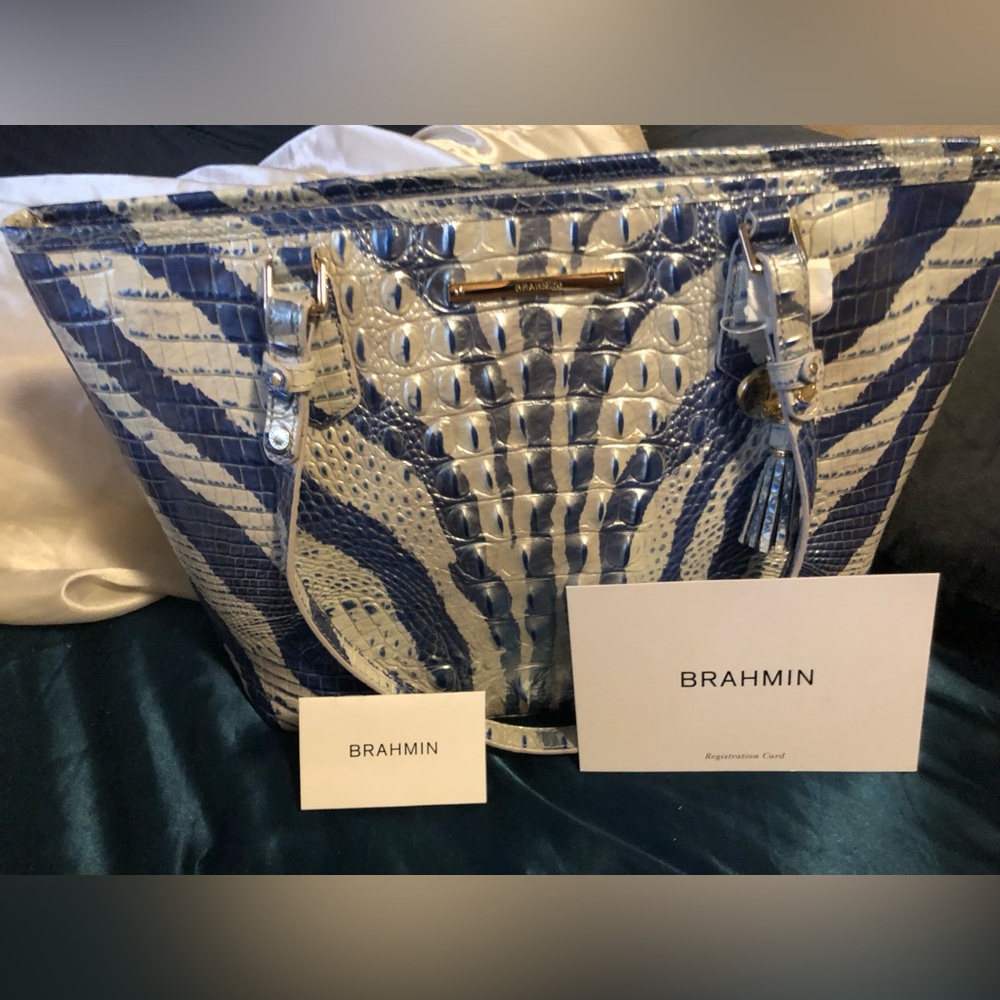 New Brahmin Blue & White Croc-Embossed Leather Tote